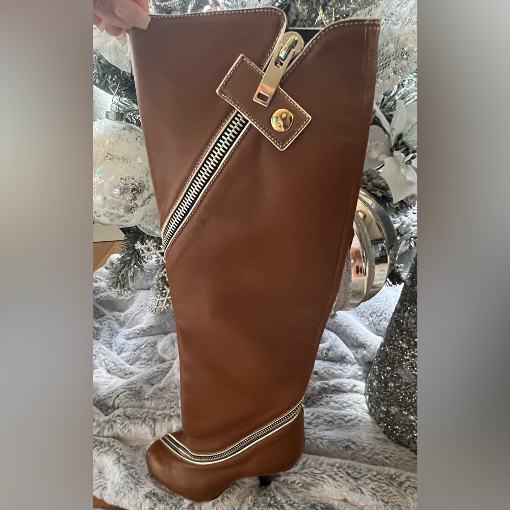 Celine wrap around zipper high knee boots. Brown tan.